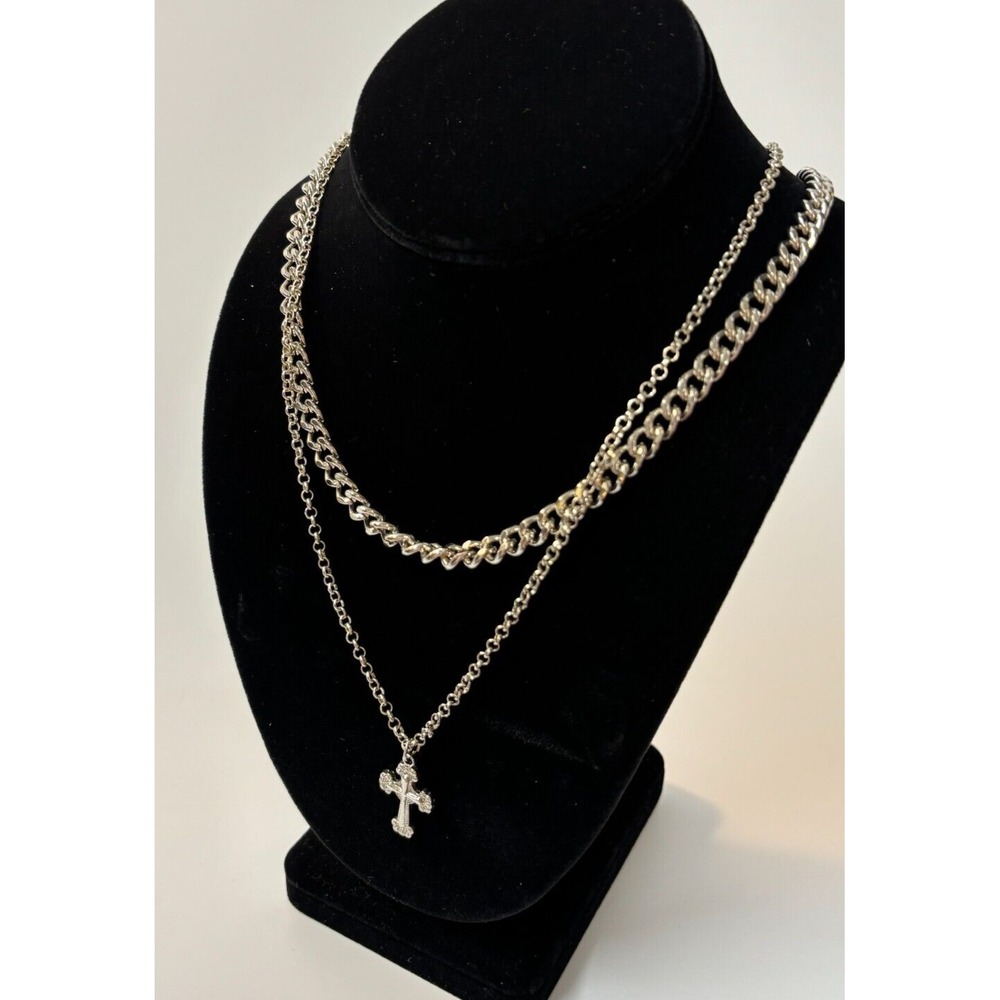 Multi Strand Necklace Chunky 80s‎ Vibes Cross Pendant